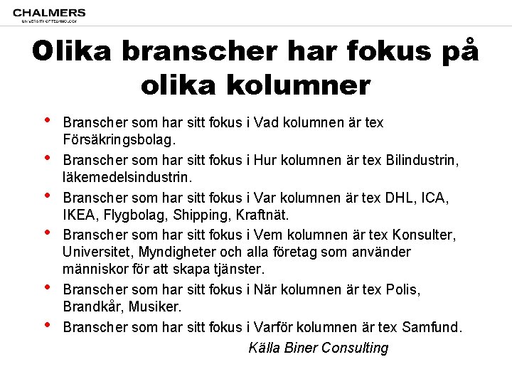 Olika branscher har fokus på olika kolumner • • • Branscher som har sitt