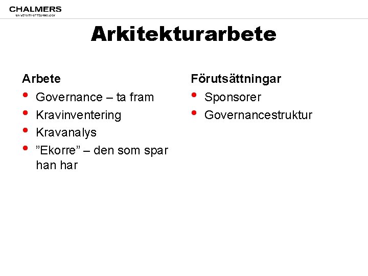 Arkitekturarbete Arbete • • Governance – ta fram Kravinventering Kravanalys ”Ekorre” – den som