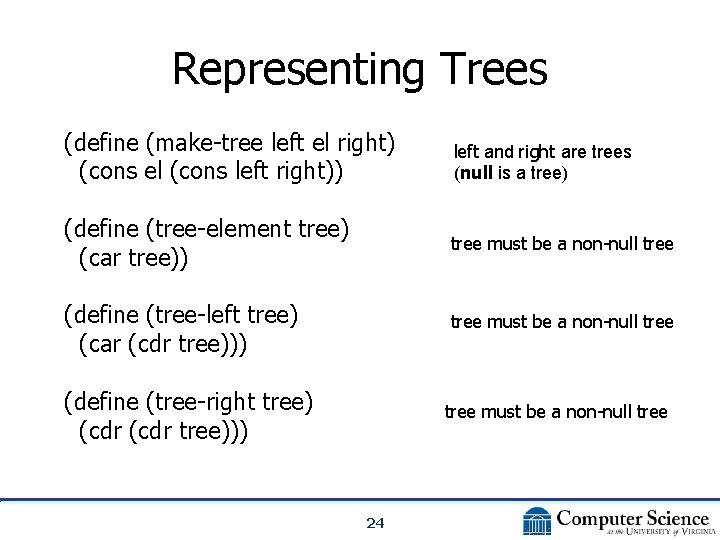 Representing Trees (define (make-tree left el right) (cons el (cons left right)) left and
