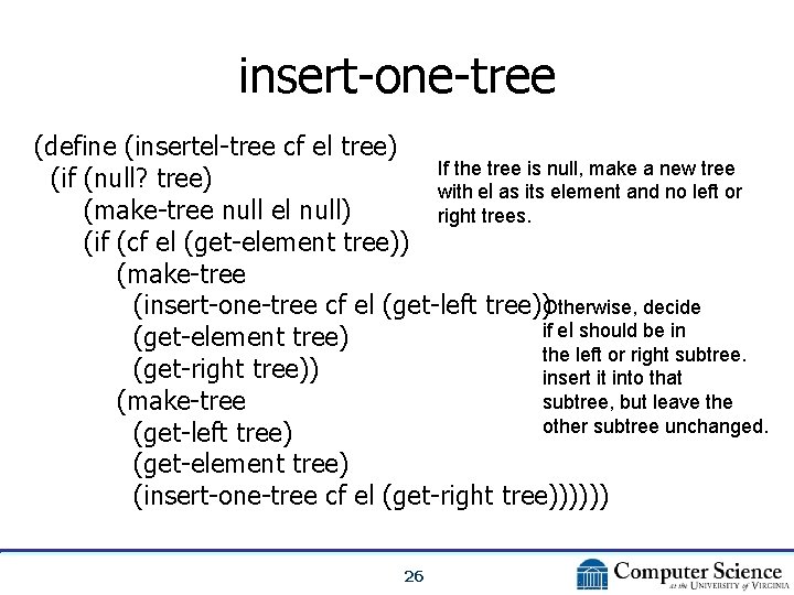 insert-one-tree (define (insertel-tree cf el tree) If the tree is null, make a new