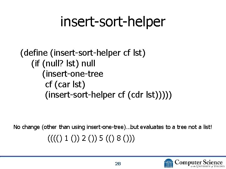 insert-sort-helper (define (insert-sort-helper cf lst) (if (null? lst) null (insert-one-tree cf (car lst) (insert-sort-helper