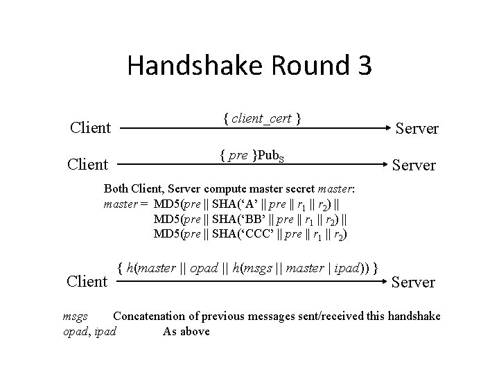 Handshake Round 3 Client { client_cert } { pre }Pub. S Server Both Client,