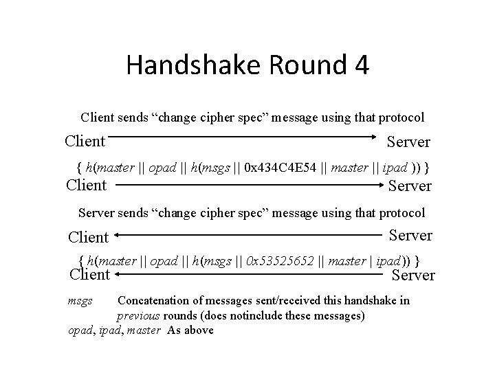 Handshake Round 4 Client sends “change cipher spec” message using that protocol Client Server