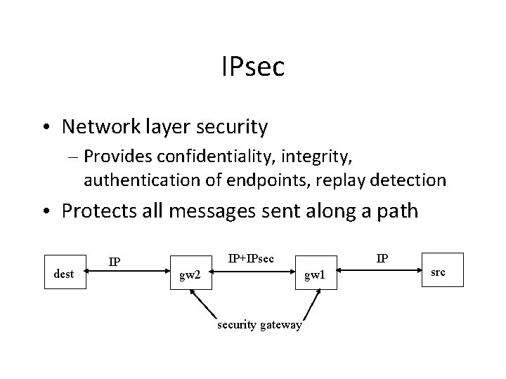 IPsec • Network layer security – Provides confidentiality, integrity, authentication of endpoints, replay detection