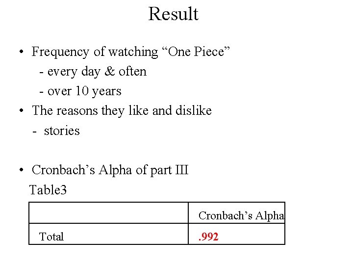 Result • Frequency of watching “One Piece” - every day & often - over Result • Frequency of watching “One Piece” - every day & often - over