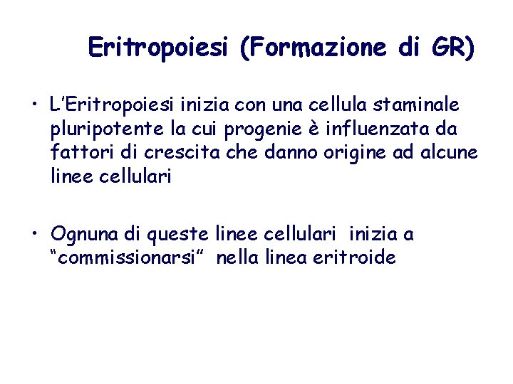 Eritropoiesi (Formazione di GR) • L’Eritropoiesi inizia con una cellula staminale pluripotente la cui