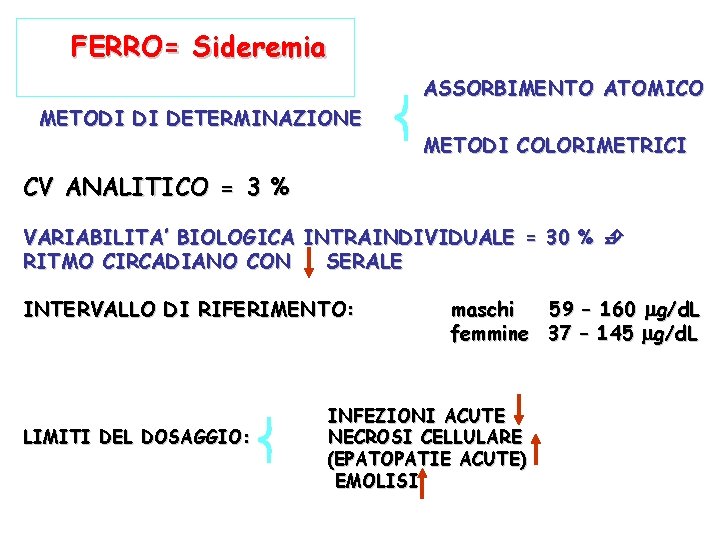 FERRO= Sideremia ASSORBIMENTO ATOMICO METODI DI DETERMINAZIONE METODI COLORIMETRICI CV ANALITICO = 3 %