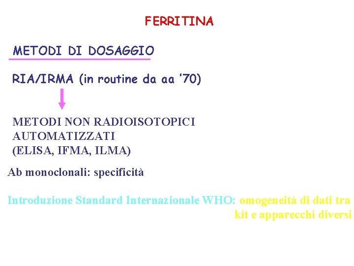 FERRITINA METODI DI DOSAGGIO RIA/IRMA (in routine da aa ’ 70) METODI NON RADIOISOTOPICI