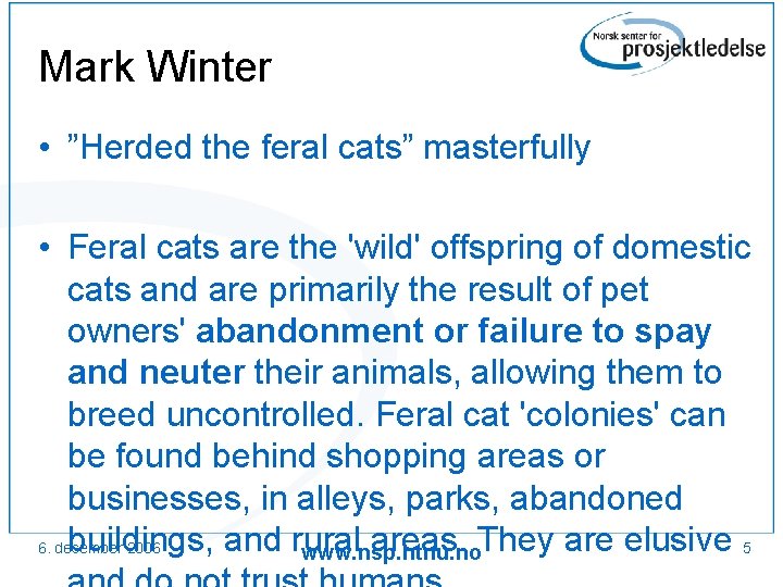 Mark Winter • ”Herded the feral cats” masterfully • Feral cats are the 'wild'