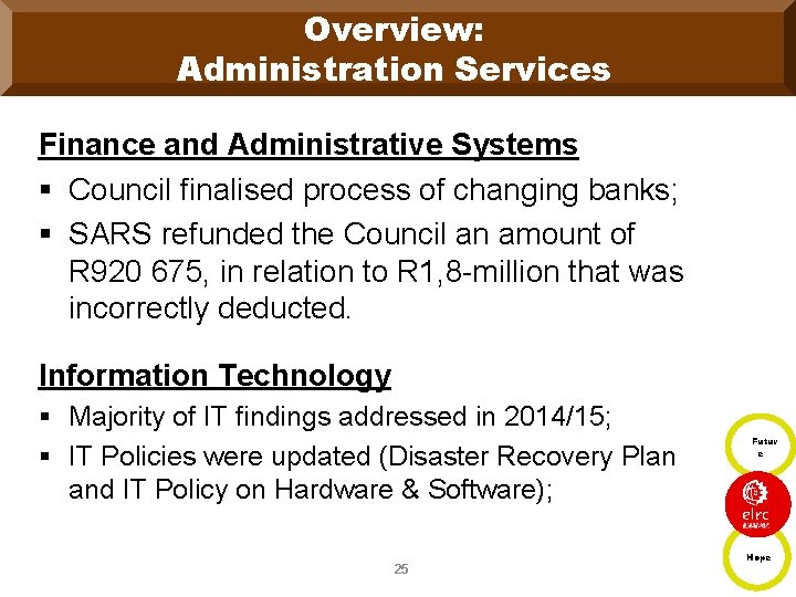Overview: Administration Services Finance and Administrative Systems § Council finalised process of changing banks;