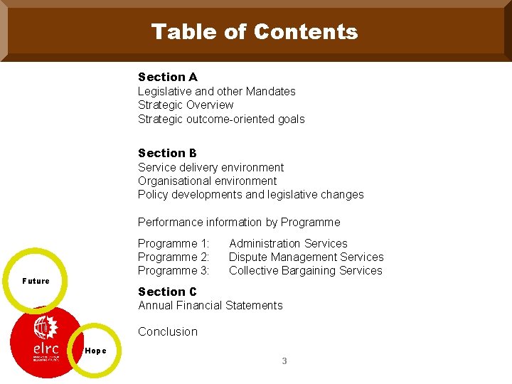 Table of Contents Section A Legislative and other Mandates Strategic Overview Strategic outcome-oriented goals
