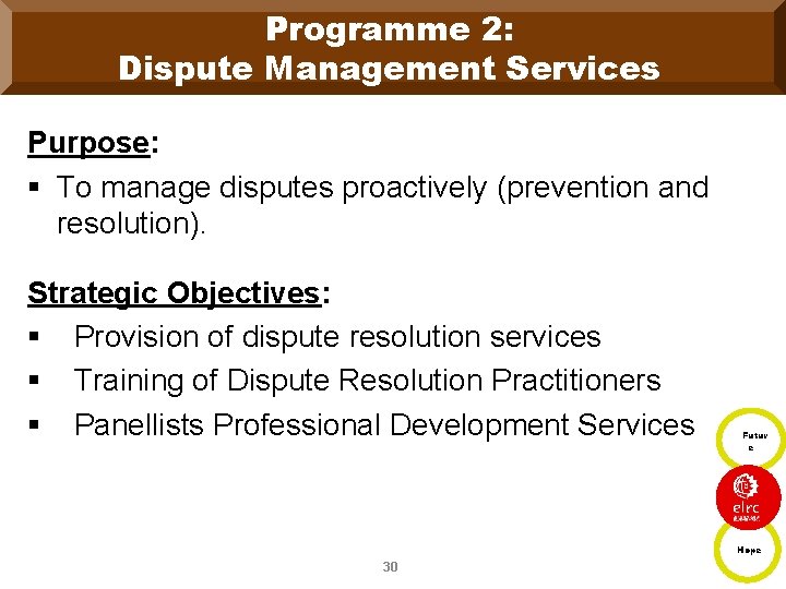 Programme 2: Dispute Management Services Purpose: § To manage disputes proactively (prevention and resolution).