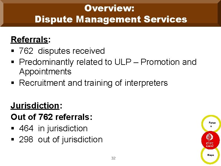 Overview: Dispute Management Services Referrals: § 762 disputes received § Predominantly related to ULP