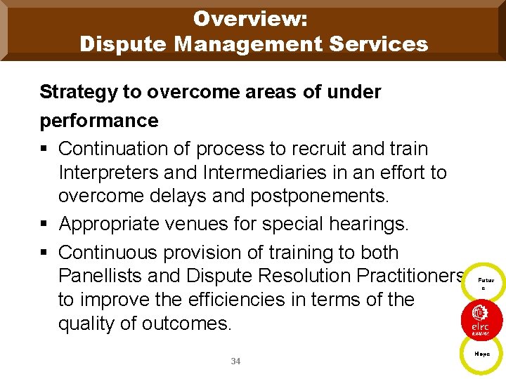 Overview: Dispute Management Services Strategy to overcome areas of under performance § Continuation of