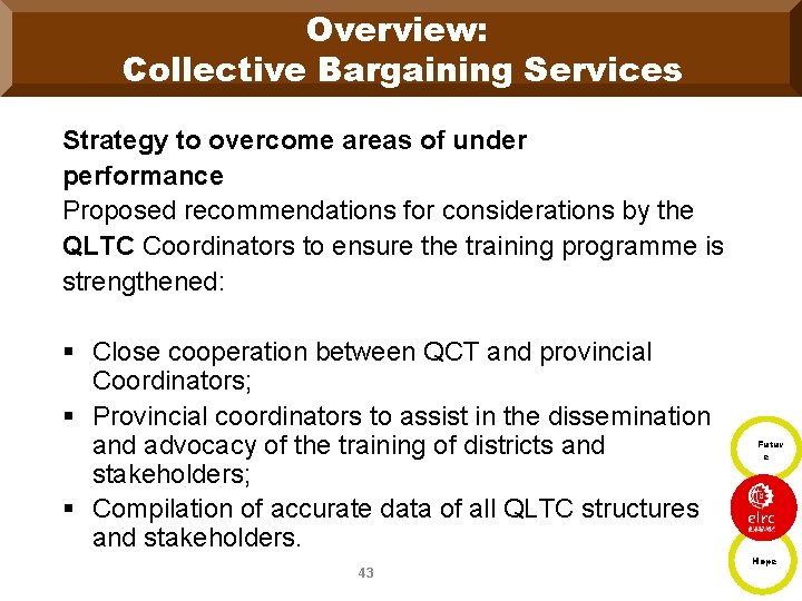 Overview: Collective Bargaining Services Strategy to overcome areas of under performance Proposed recommendations for