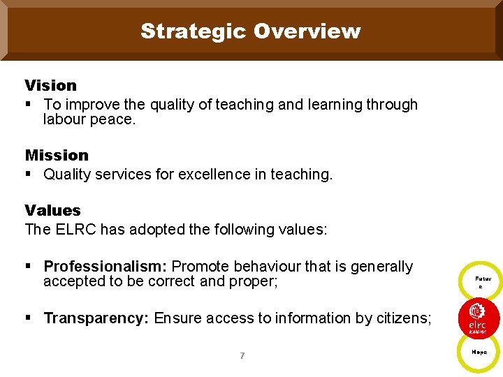 Strategic Overview Vision § To improve the quality of teaching and learning through labour