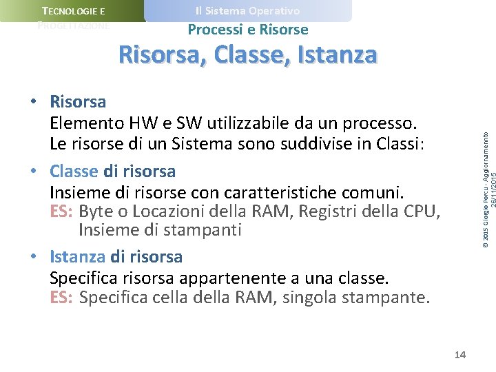 TECNOLOGIE E PROGETTAZIONE Il Sistema Operativo Processi e Risorsa, Classe, Istanza © 2015 Giorgio