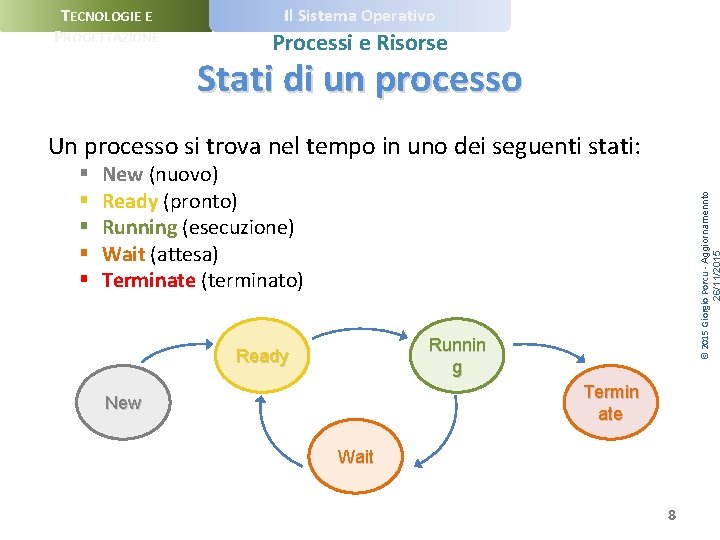 TECNOLOGIE E PROGETTAZIONE Il Sistema Operativo Processi e Risorse Stati di un processo Un