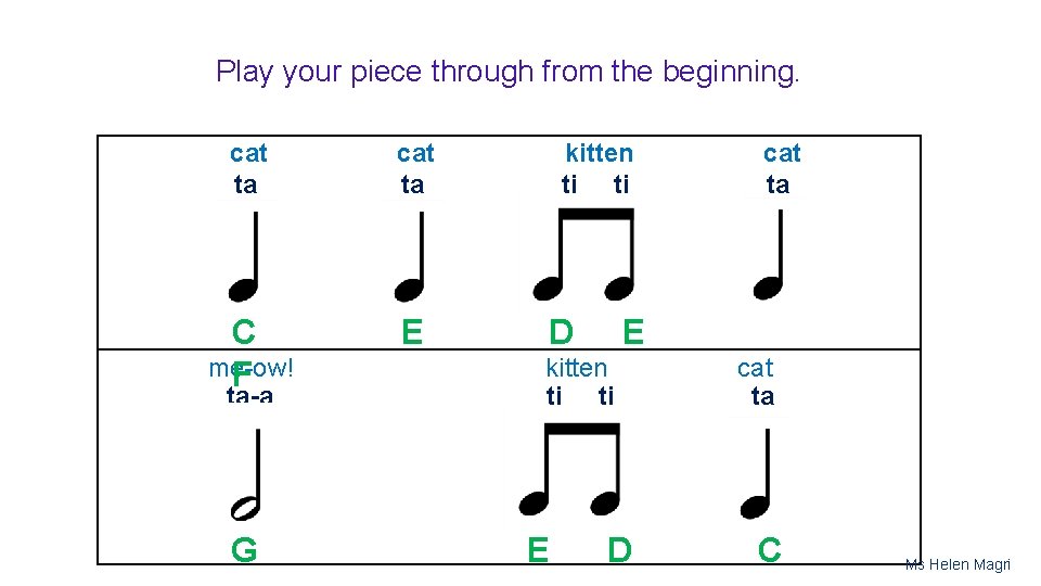 Play your piece through from the beginning. cat ta C me-ow! F E ta-a