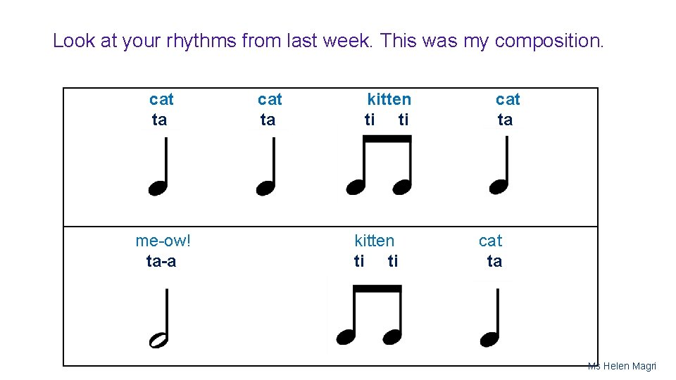 Look at your rhythms from last week. This was my composition. cat ta me-ow!