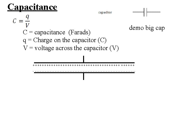 Capacitance C = capacitance (Farads) q = Charge on the capacitor (C) V =