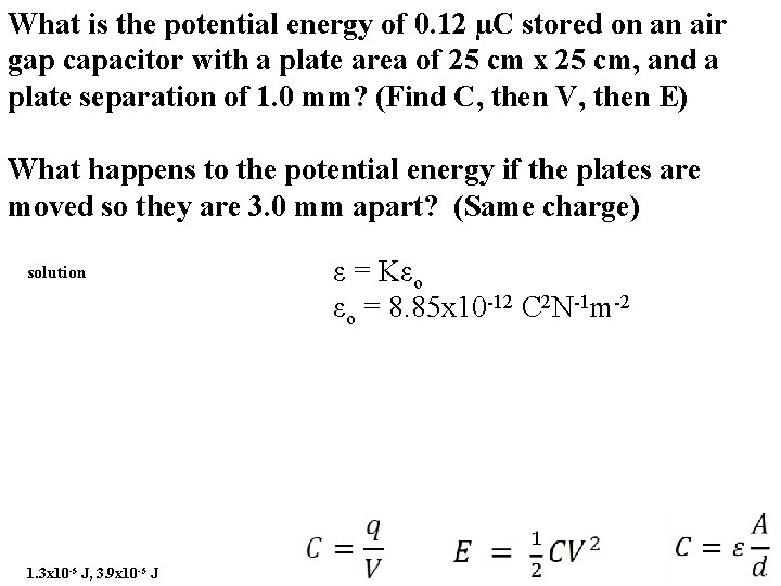 What is the potential energy of 0. 12 µC stored on an air gap