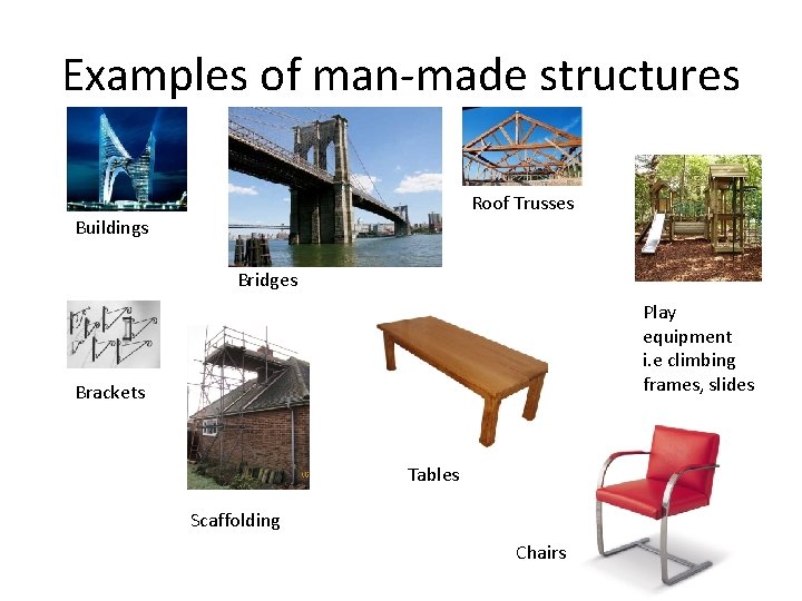 Examples of man-made structures Roof Trusses Buildings Bridges Play equipment i. e climbing frames,