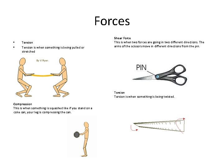 Forces • • Tension is when something is being pulled or stretched Shear Force