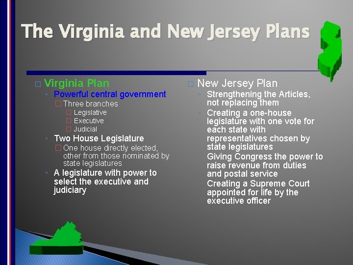 The Virginia and New Jersey Plans � Virginia Plan ◦ Powerful central government �