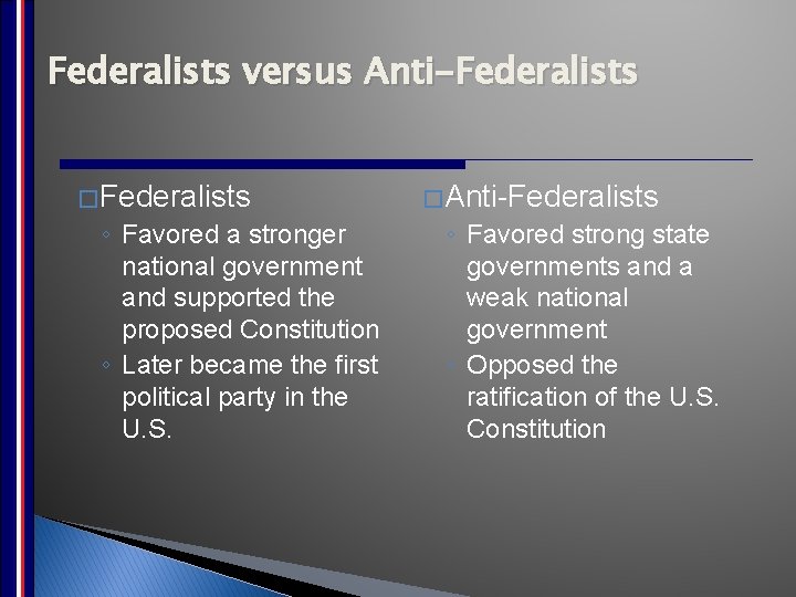 Federalists versus Anti-Federalists � Federalists ◦ Favored a stronger national government and supported the Federalists versus Anti-Federalists � Federalists ◦ Favored a stronger national government and supported the