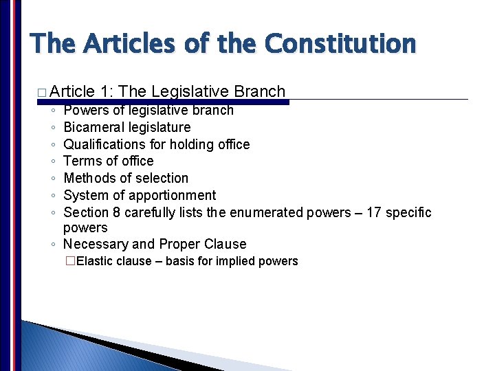 The Articles of the Constitution � Article ◦ ◦ ◦ ◦ 1: The Legislative