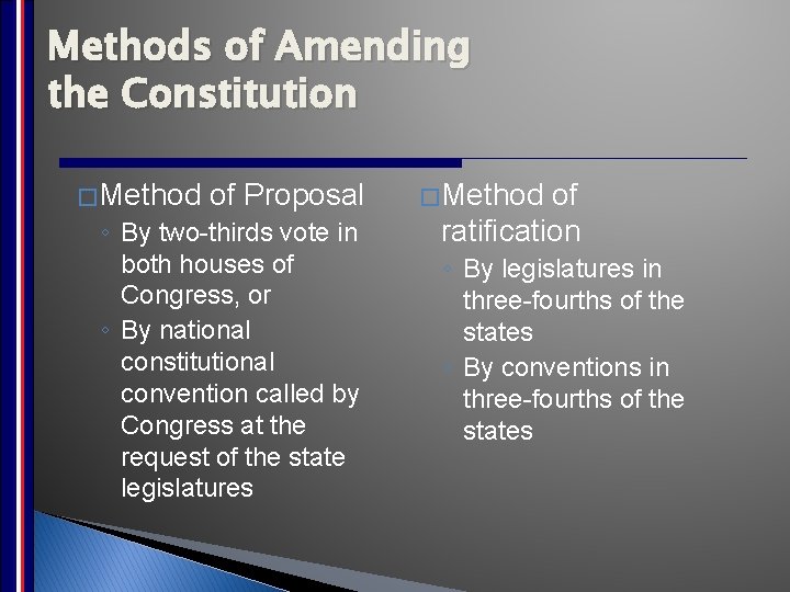 Methods of Amending the Constitution � Method of Proposal ◦ By two thirds vote