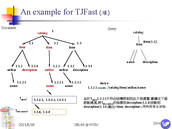 An example for TJFast (續) Document: catalog item 1. 1 1. 2 1. 1.