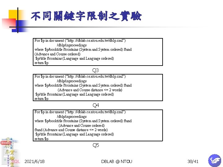 不同關鍵字限制之實驗 For $p in document (“http: : //dblab. cs. ntou. edu. tw/dblp. xml”) /dblp/inproceedings