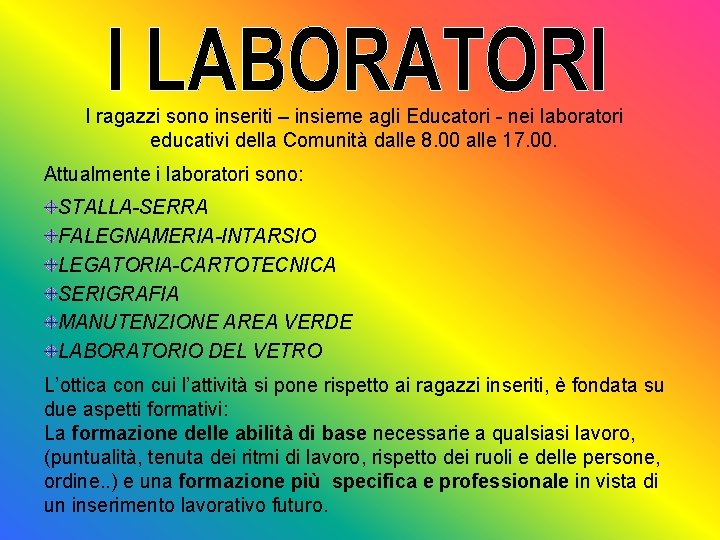 I ragazzi sono inseriti – insieme agli Educatori - nei laboratori educativi della Comunità