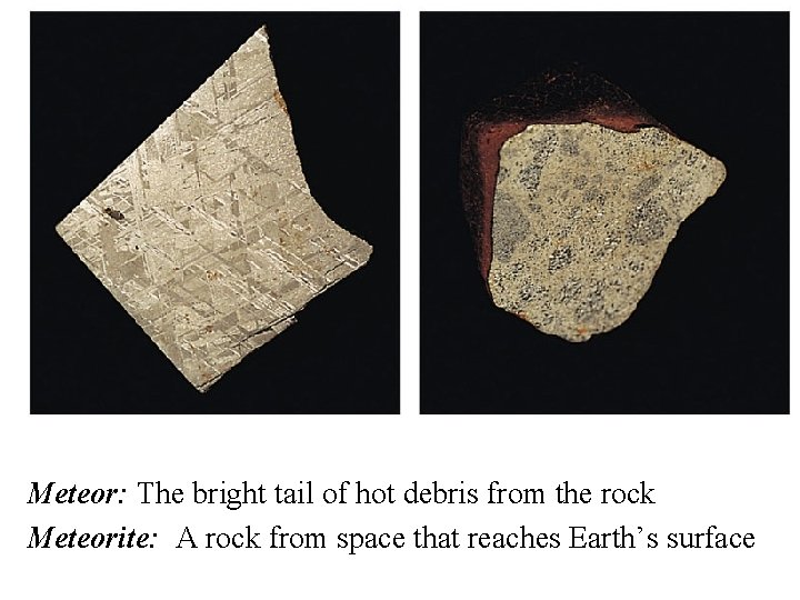 Meteor: The bright tail of hot debris from the rock Meteorite: A rock from