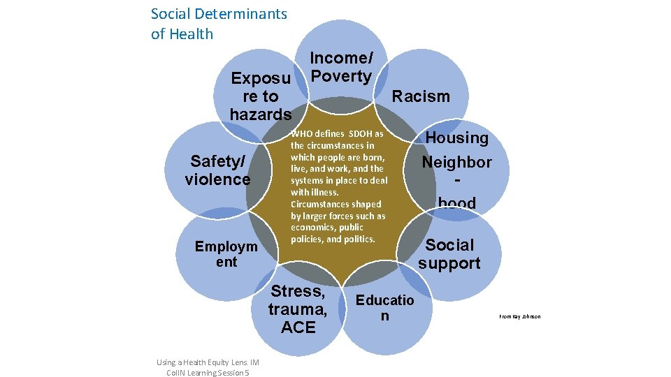 Social Determinants of Health Exposu re to hazards Safety/ violence Employm ent Income/ Poverty