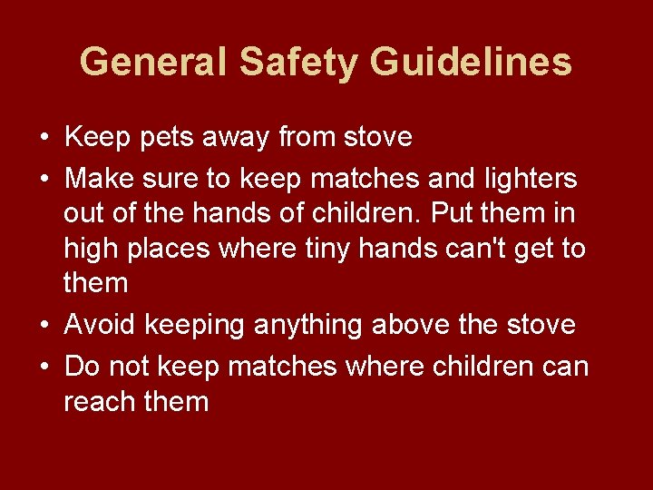 General Safety Guidelines • Keep pets away from stove • Make sure to keep