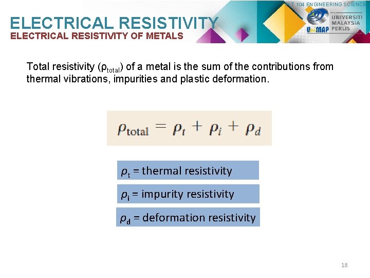 PLT 104 ENGINEERING SCIENCE ELECTRICAL RESISTIVITY OF METALS Total resistivity (ρtotal) of a metal