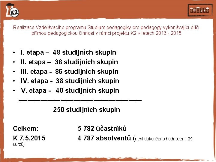 Realizace Vzdělávacího programu Studium pedagogiky pro pedagogy vykonávající dílčí přímou pedagogickou činnost v rámci