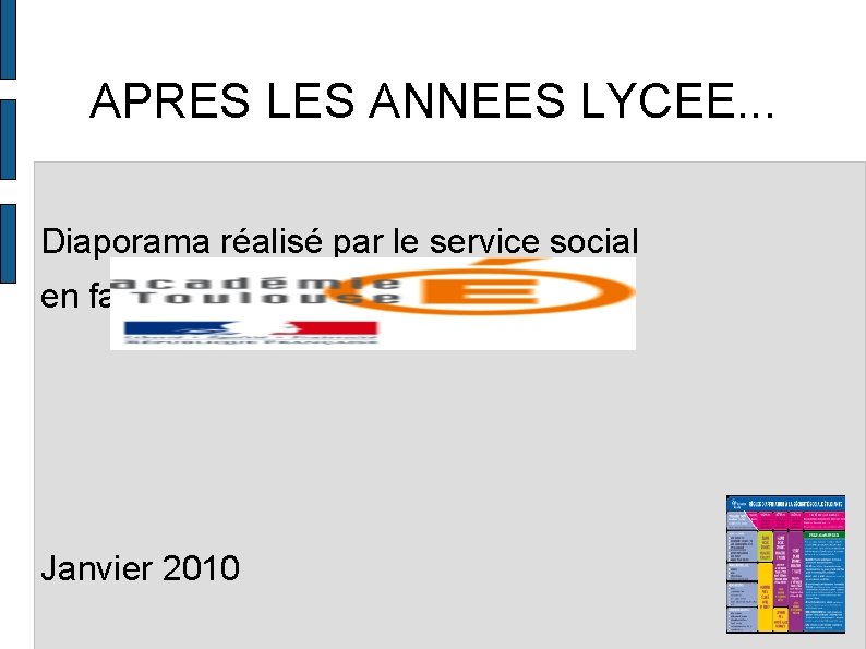 APRES LES ANNEES LYCEE. . . Diaporama réalisé par le service social en faveur