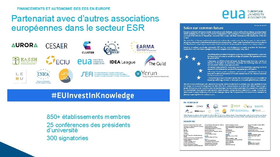 Partenariat avec d’autres associations européennes dans le secteur ESR 850+ établissements membres 25 conférences