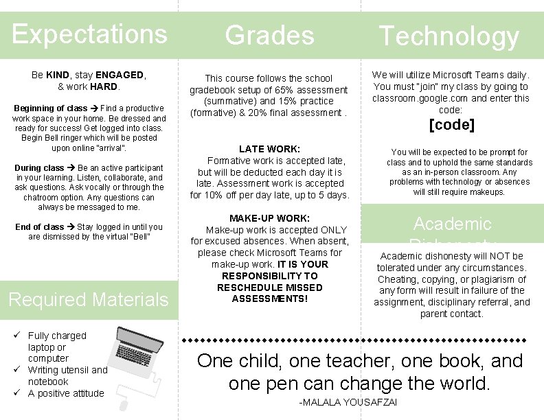 Expectations Grades Technology Be KIND, stay ENGAGED, & work HARD. This course follows the