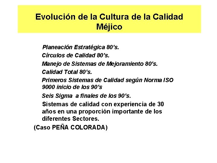 Evolución de la Cultura de la Calidad Méjico Planeación Estratégica 80’s. Círculos de Calidad