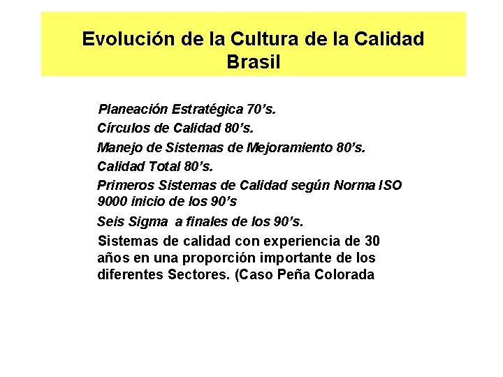 Evolución de la Cultura de la Calidad Brasil Planeación Estratégica 70’s. Círculos de Calidad