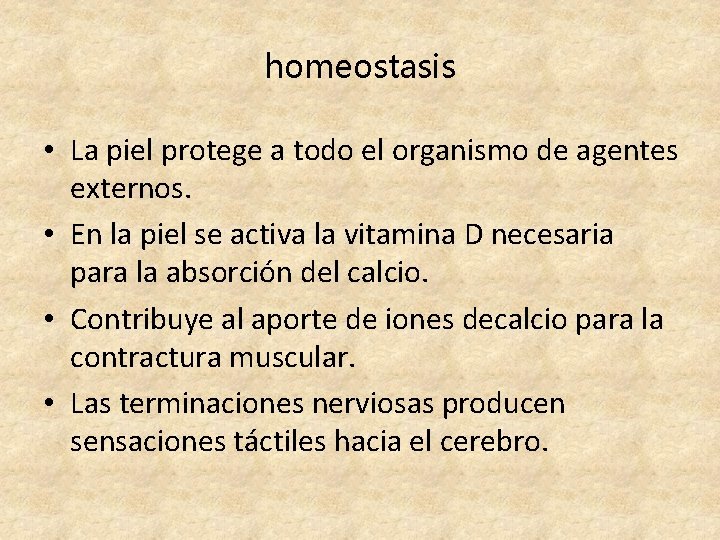 homeostasis • La piel protege a todo el organismo de agentes externos. • En