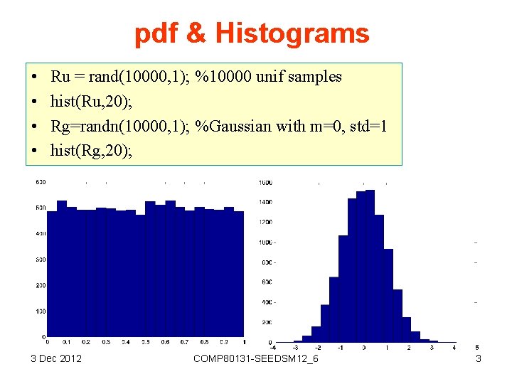 pdf & Histograms • • Ru = rand(10000, 1); %10000 unif samples hist(Ru, 20);