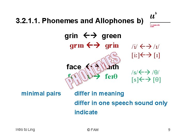3. 2. 1. 1. Phonemes and Allophones b) grin green gr. In grin minimal