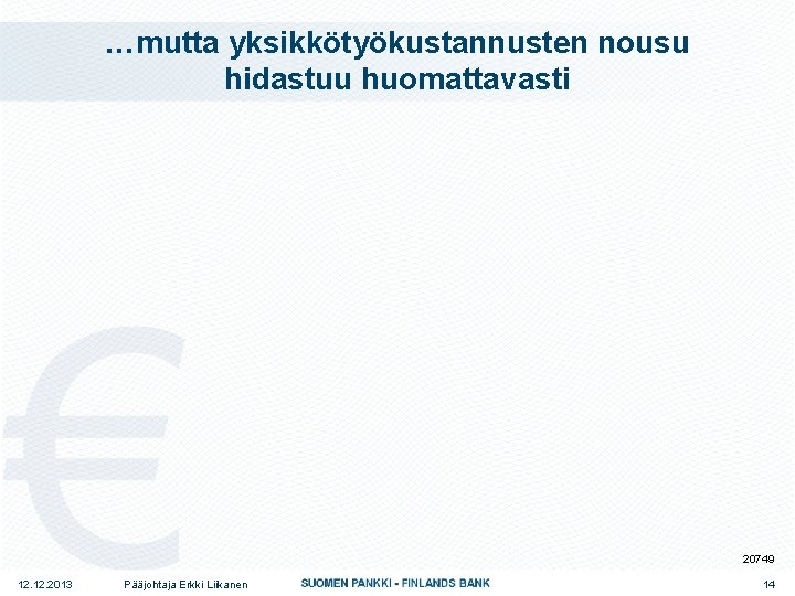 …mutta yksikkötyökustannusten nousu hidastuu huomattavasti 20749 12. 2013 Pääjohtaja Erkki Liikanen 14 