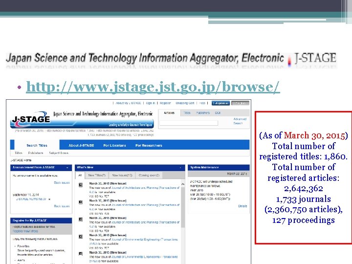  • http: //www. jstage. jst. go. jp/browse/ (As of March 30, 2015) Total